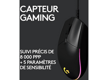 Charger l'image dans la galerie, Une souris gaming noire. Le texte au-dessus dit 'CAPTEUR GAMING'. Elle a une lumière autour du bas.
