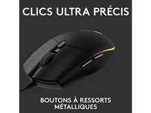 Charger l'image dans la galerie, Souris noire avec des accents rouges et jaunes, texte : Clics ultra précis.
