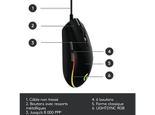 Charger l'image dans la galerie, Souris de jeu noire avec des pièces étiquetées. Boutons, câble et lumières sont indiqués avec des étiquettes.
