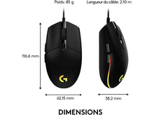 Charger l'image dans la galerie, Souris de jeu, noire avec lumières de couleur, dimensions et poids indiqués.
