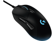 Souris d'ordinateur noire avec une lumière bleue, une molette et deux boutons latéraux.