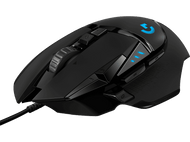 Souris de jeu noire avec boutons et molette. Elle a un logo et un câble.