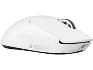 Une souris sans fil blanche avec le mot 'SUPERLIGHT'.