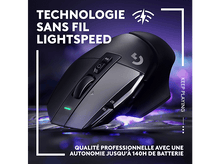 Charger l'image dans la galerie, Une souris gaming sans fil noire avec boutons, texte et lumière verte, sur une image carrée.
