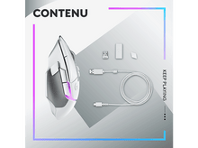 Charger l&#39;image dans la galerie, Souris de jeu blanche et accessoires. Texte : CONTENU, KEEP PLAYING. Divers éléments sont affichés.
