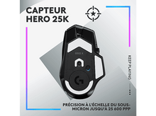 Charger l&#39;image dans la galerie, Souris gaming vue d&#39;en bas. Noire avec des accents blancs. Texte : Capteur HERO 25K. Précision jusqu&#39;à 25 600 DPI.
