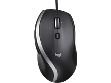 Charger l'image dans la galerie, Souris d'ordinateur noire avec lignes argentées et logo Logitech. Fond noir.
