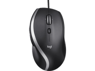 Souris d'ordinateur noire avec lignes argentées et logo Logitech. Fond noir.