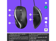 Charger l'image dans la galerie, Souris ergonomique Logitech, noire avec détails argentés, avec fonctions étiquetées.
