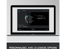 Charger l'image dans la galerie, Écran d'ordinateur portable affichant les paramètres de la souris. Texte : PERSONNALISEZ, AVEC LES OPTIONS LOGICIELLES.
