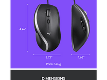 Charger l'image dans la galerie, Souris d'ordinateur noire et argentée, avec dimensions et poids sur fond violet.
