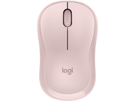 Une souris sans fil Logitech rose clair. Elle a une molette et un logo en bas.