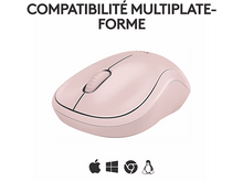 Charger l'image dans la galerie, Souris sans fil rose, texte au-dessus et icônes de plateforme en dessous.
