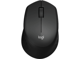 Une souris sans fil noire avec une molette et le logo Logitech.