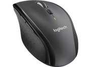 Une souris sans fil Logitech noire. Elle a une molette de défilement et des boutons. Sur fond noir.