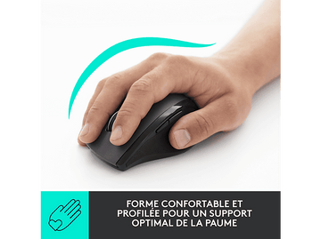 Main sur une souris noire. Texte : Forme et profil confortables pour un soutien optimal de la paume.