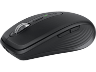 Une souris Logitech MX Master 3S noire avec molette, boutons et une lumière verte.