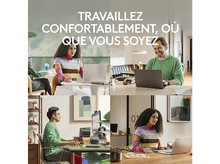 Charger l'image dans la galerie, Quatre personnes travaillant sur des ordinateurs portables dans différents contextes. Texte : 'Travaillez confortablement où que vous soyez'.
