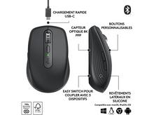 Charger l'image dans la galerie, Souris noire avec des fonctionnalités étiquetées : chargement USB-C, capteur optique 8K DPI et boutons personnalisables.
