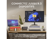 Charger l'image dans la galerie, Configuration de bureau montrant un ordinateur portable, un moniteur, un clavier et une souris avec instructions de transfert de données.
