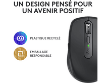 Charger l'image dans la galerie, Souris d'ordinateur noire avec icônes et texte. Symboles incluent plastique recyclé et emballage responsable.
