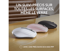 Charger l'image dans la galerie, Trois souris Logitech sur un bureau, avec du texte au-dessus.

