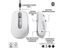 Charger l'image dans la galerie, Souris blanche avec câble USB-C. Elle a des boutons et une lumière verte.
