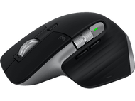 Une souris d'ordinateur noire avec des accents argentés. Comprend une molette et un bouton.