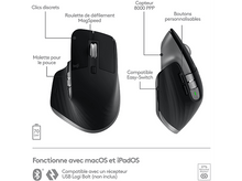 Charger l'image dans la galerie, Deux vues latérales d'une souris noire avec des étiquettes et une icône de batterie.
