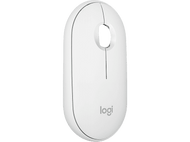 Une souris blanche ovale avec des accents gris et un trou en haut. Le logo 'logi' est en bas.
