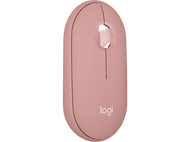 Souris Logitech Pebble rose avec molette blanche et le logo Logitech.