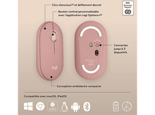 Charger l'image dans la galerie, Souris d'ordinateur rose, vue de dessus et de dessous, avec étiquettes, fond blanc.
