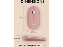 Charger l'image dans la galerie, Souris Logitech rose avec mesures. Une vue de dessus et une vue latérale.
