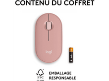 Charger l'image dans la galerie, Une souris Logi rose avec une pile. Texte : 'CONTENU DU COFFRET' et 'EMBALLAGE RESPONSABLE'.
