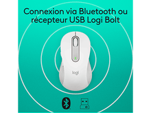 Charger l'image dans la galerie, Souris blanche avec molette verte, sur fond turquoise. Options Bluetooth et récepteur USB affichées.
