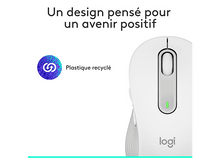 Charger l'image dans la galerie, Souris Logitech blanche avec texte en plastique recyclé. Lumière verte allumée. Le logo est présent.
