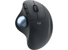 Charger l'image dans la galerie, Souris trackball Logitech noire avec boule bleue et boutons, sur fond noir.
