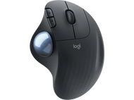 Souris trackball Logitech noire avec boule bleue et boutons, sur fond noir.