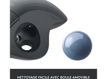 Charger l'image dans la galerie, Souris ergonomique noire. Montre une boule bleue et une zone pour le pouce.
