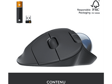 Charger l'image dans la galerie, Une souris ergonomique noire avec trackball bleu, pile et récepteur USB.

