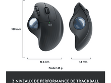 Charger l'image dans la galerie, Deux souris trackball noires, une vue de dessus et une de côté, avec dimensions.
