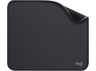 Tapis de souris noir avec coins arrondis et logo sur fond noir.