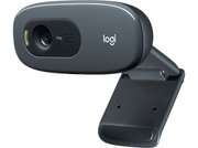 Webcam Logitech gris foncé, résolution 720p et support noir.