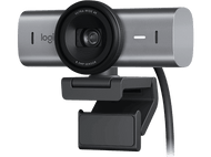 Webcam Logitech argentée. L'objectif indique 'ULTRA-WIDE 4K 8.5MP SENSOR'.