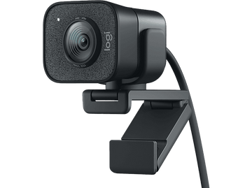Webcam Logitech avec un design noir, avec une lentille et un support réglable.