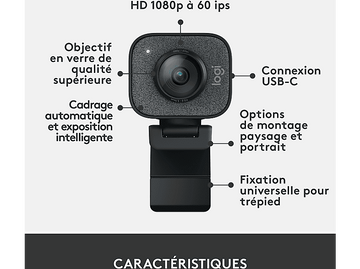 Webcam Logitech avec fonctionnalités, dont HD 1080p, connexion USB-C et options paysage et portrait.