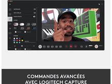 Charger l&#39;image dans la galerie, Un homme à l&#39;écran. Interface logicielle avec paramètres, texte: Commandes avancées avec Logitech Capture.
