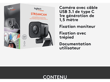 Charger l&#39;image dans la galerie, Une boîte Logitech Streamcam avec une webcam et du texte sur les fonctionnalités en français.
