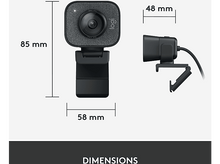 Charger l&#39;image dans la galerie, Une webcam avec dimensions affichées, à côté, montrant les mesures de hauteur, largeur et profondeur.
