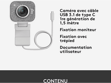 Charger l&#39;image dans la galerie, Une webcam avec son câble et du texte décrivant ses caractéristiques et son contenu. La boîte est blanche.
